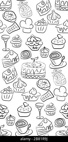 Disegni di dolci e caramelle disegnati a mano. Doodles. Cibo isolato su sfondo bianco. Texture perfetta. Illustrazione Vettoriale