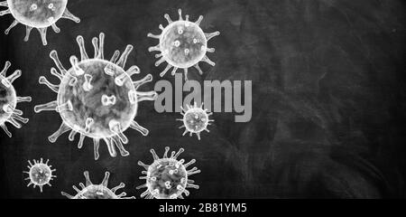 Illustrazione, disegnare sulla lavagna una vista del virus Corona sotto microscopio, virus e produzione di vaccino. Il virus Corona è in uscita Foto Stock