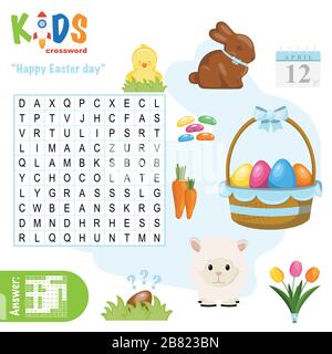 Facile ricerca di parole cruciverba puzzle 'Happy Easter Day', per i bambini nelle scuole elementari e medie. Un modo divertente per esercitarsi nella comprensione del linguaggio ed exp Illustrazione Vettoriale
