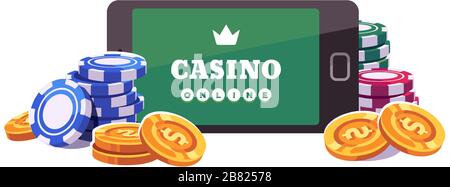 Smartphone con chip e monete da poker. Illustrazione piatta del gioco di slot online Illustrazione Vettoriale