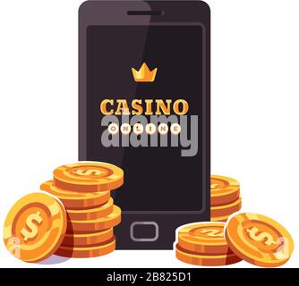Smartphone con monete d'oro. Concetto di app per casinò online Illustrazione Vettoriale