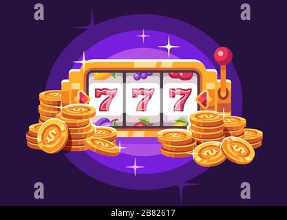 Slot machine con pila di monete d'oro su sfondo viola. Illustrazione piatta del casinò Illustrazione Vettoriale