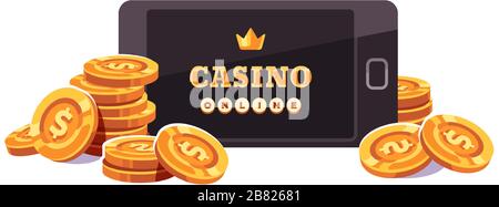 Smartphone con monete d'oro. Concetto di app per casinò online Illustrazione Vettoriale