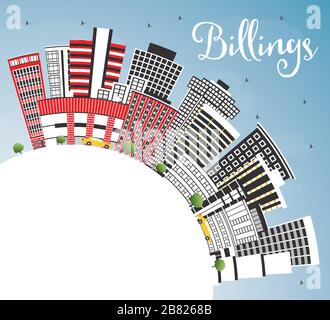 Billings Montana dello skyline della città con edifici di colore, il blu del cielo e spazio di copia. Illustrazione Vettoriale. Viaggi di affari e turismo Concept. Illustrazione Vettoriale