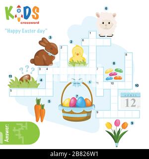 Facile cruciverba puzzle 'Happy Easter Day', per bambini nelle scuole elementari e medie. Un modo divertente per mettere in pratica la comprensione del linguaggio ed espandere la vocabula Illustrazione Vettoriale