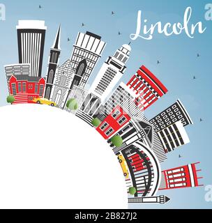 Lincoln Nebraska City Skyline con edifici a colori, Blue Sky e Copy Space. Illustrazione vettoriale. Business Travel e il concetto di turismo con storico Ar Illustrazione Vettoriale