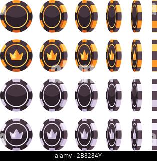 Set di fiches da poker in oro e argento a diverse angolazioni. Illustrazione piatta del casinò Illustrazione Vettoriale