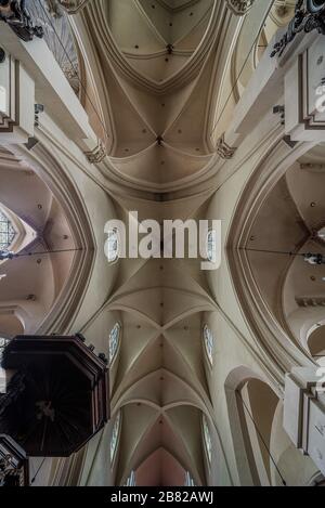Soffitto simmetrico della chiesa cattolica di san Nicola de la Bourse Foto Stock