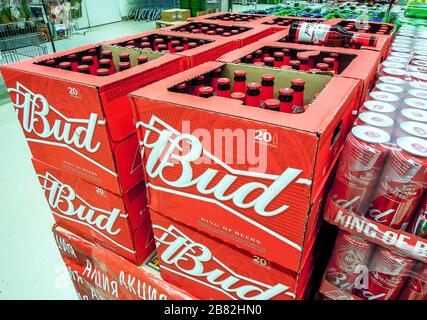 Samara, Russia - 16 marzo 2020: Birra alcolica a bocciolo in bottiglie di vetro pronte per la vendita sullo scaffale del superstore. Varie bevande alcoliche in bottiglia Foto Stock