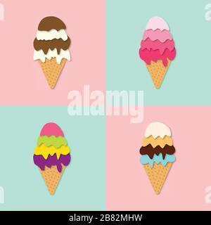 Set di coni gelato. vettore 3d. Stile di taglio della carta. Dessert estivo. Collezione di gelati Illustrazione Vettoriale
