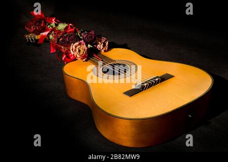 Chitarra acustica e rose secche su sfondo nero chitarra acustica e rose secche su sfondo nero Foto Stock