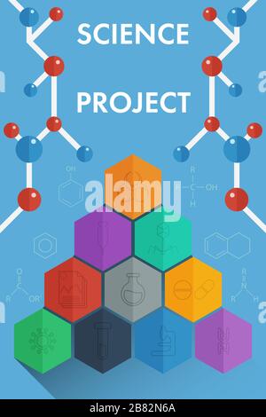 Disegno di poster scientifici con struttura molecolare e icona di contorno. Illustrazione Vettoriale