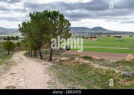 Tipico paesaggio rurale di la Alcarria. Giorno nuvoloso, primavera Foto Stock