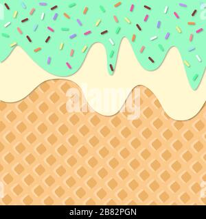 Gelato fuso su wafer sfondo. Illustrazione del vettore 3d. Gelato con condimento a spruzzo Illustrazione Vettoriale