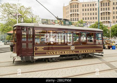 Vista del tram nel centro città, Christchurch, South Island, Nuova Zelanda Foto Stock