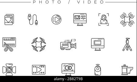 Set di icone foto e video è una delle moderne icone di linea sul tema Delle Professioni freelance. Illustrazione Vettoriale
