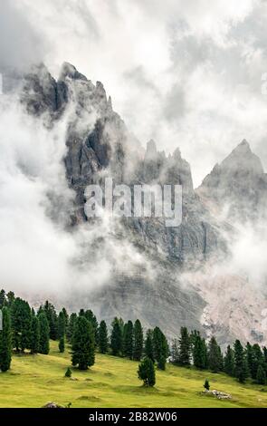 Cime coperte di nuvole, Geislergruppe, Gschnagenhardt Alm, Val Villnoess, Dolomiti, Alto Adige, Italia Foto Stock