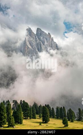 Cime coperte di nuvole, Geislergruppe, Gschnagenhardt Alm, Val Villnoess, Dolomiti, Alto Adige, Italia Foto Stock