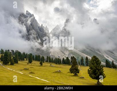 Cime coperte di nuvole, Geislergruppe, Gschnagenhardt Alm, Val Villnoess, Dolomiti, Alto Adige, Italia Foto Stock