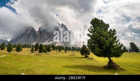 Cime coperte di nuvole, Geislergruppe, Gschnagenhardt Alm, Val Villnoess, Dolomiti, Alto Adige, Italia Foto Stock