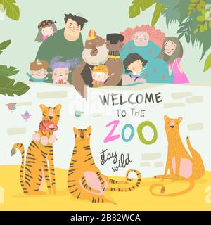 Bambini felici con i genitori in zoo con tigri Illustrazione Vettoriale
