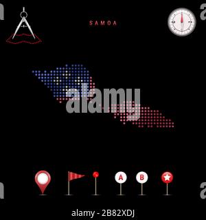 Mappa punteggiata di Samoa dipinta nei colori della bandiera nazionale di Samoa. Effetto flag ondulazione. Strumenti mappa, insieme di icone cartografiche. Illustrazione vettoriale Illustrazione Vettoriale