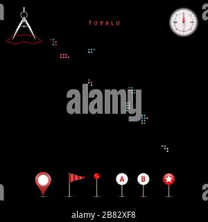 Mappa punteggiata di Tuvalu dipinta nei colori della bandiera nazionale di Tuvalu. Effetto flag ondulazione. Strumenti mappa, insieme di icone cartografiche. Illustrazione del vettore Illustrazione Vettoriale