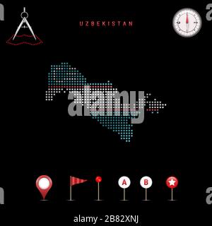 Mappa punteggiata dell'Uzbekistan dipinta nei colori della bandiera nazionale dell'Uzbekistan. Effetto flag ondulazione. Strumenti mappa, insieme di icone cartografiche. Vettore il Illustrazione Vettoriale
