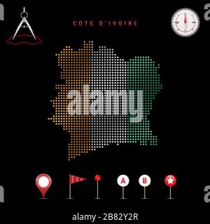 Mappa punteggiata della Costa d'Avorio dipinta nei colori della bandiera nazionale della Costa d'Avorio. Effetto flag ondulazione. Strumenti mappa, insieme di icone cartografiche. VECTO Illustrazione Vettoriale