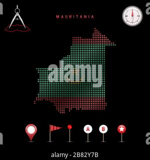 Mappa punteggiata della Mauritania dipinta nei colori della bandiera nazionale della Mauritania. Effetto flag ondulazione. Strumenti mappa, insieme di icone cartografiche. Vettore il Illustrazione Vettoriale