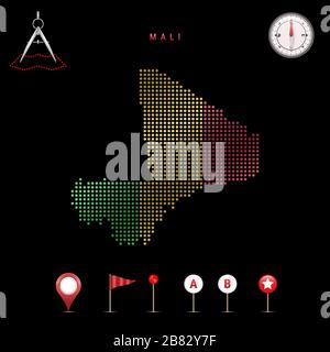 Mappa punteggiata del Mali dipinta nei colori della bandiera nazionale del Mali. Effetto flag ondulazione. Strumenti mappa, insieme di icone cartografiche. Illustrazione vettoriale Illustrazione Vettoriale