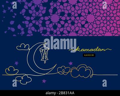 Ramadan Night Card. Un disegno a linea continua. Illustrazione Vettoriale