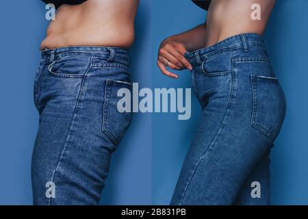 Ritratti di donna prima e dopo da grasso a sottile concetto in piedi sfondo blu Foto Stock