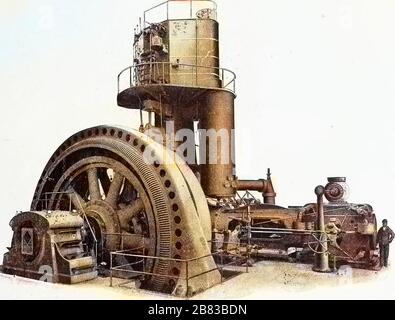 Incisione dell'uomo che si trova accanto al motore della turbina della stazione ferroviaria, dal 'giornale ferroviario di Treet', 1884. Cortesia Internet Archive. Nota: L'immagine è stata colorata digitalmente utilizzando un processo moderno. I colori potrebbero non essere precisi in termini di periodo. () Foto Stock