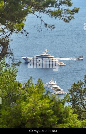 ISOLA DI CAPRI, ITALIA - 2019 AGOSTO: Superyacht di lusso ormeggiato al largo della costa di Capri. La vista è incorniciata da alberi Foto Stock