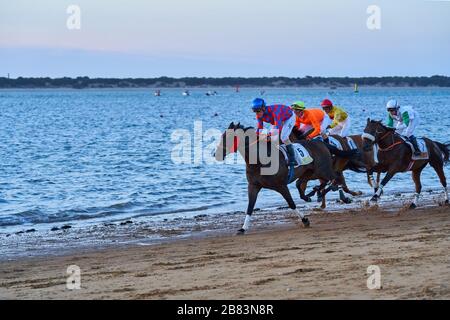 Corse di cavalli sulla spiaggia di Sanlúcar de Barrameda. Provincia di Cádiz, Andalusia, Spagna, Europa 2019 agosto Foto Stock