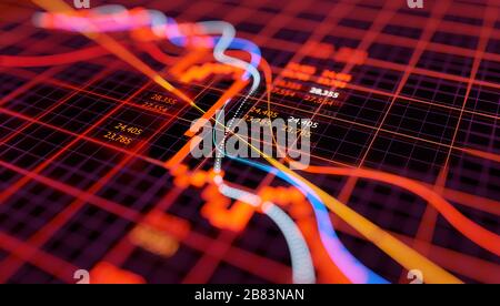 Grafico del mercato azionario che mostra il calo dei prezzi azionari dopo un improvviso crollo. Illustrazione 3D del mercato dell'orso. Foto Stock