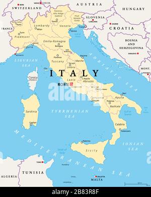 Italia, carta politica, divisioni amministrative. Repubblica Italiana con capitale Roma, 20 regioni e loro capitali, frontiere internazionali e vicini Foto Stock