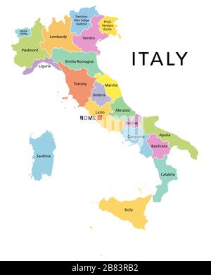 Italia, mappa politica con divisioni amministrative multicolore. Repubblica Italiana con capitale Roma, le 20 regioni e confini. Etichetta inglese. Foto Stock