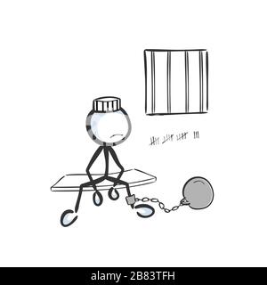 Uomo in una cella di prigione. Arrestato condannato penale. Seduta in prigione. Disegnato a mano. Cartoon Stickman. Schizzo di Doodle, illustrazione grafica vettoriale Illustrazione Vettoriale