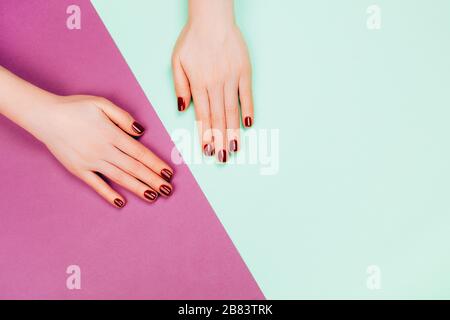 Donna mani con manicure rosso scuro su sfondo diviso su due parti con posto per il testo. Stile piatto. Foto Stock