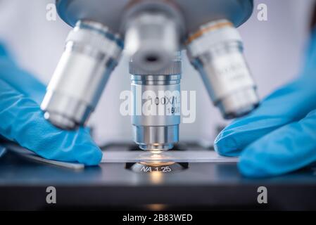 Utilizzo di un microscopio per la ricerca in laboratorio, tecnologia moderna Foto Stock