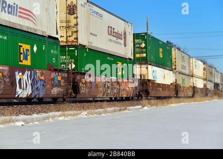 Ginevra, Illinois, Stati Uniti. Un treno stack Union Pacific Container, vicino a Ginevra, Illinois, durante il viaggio verso ovest da Chicago. Foto Stock