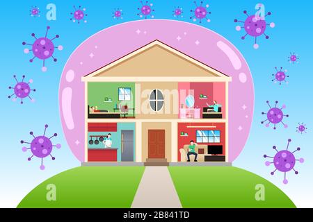 Un'illustrazione vettoriale della quarantena a casa durante il concetto pandemico Illustrazione Vettoriale