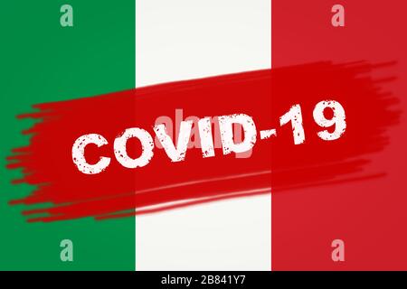 COVID-19 epidemia di coronavirus in Italia, banner con iscrizione COVID19 su bandiera italiana. Epidemia mortale del virus corona in Europa. Malattia da COVID, pandem Foto Stock