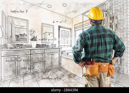 Contractor con Hard Hat e cintura portautensili rivolti Custom Master Bathroom Design Dettagli disegno . Foto Stock