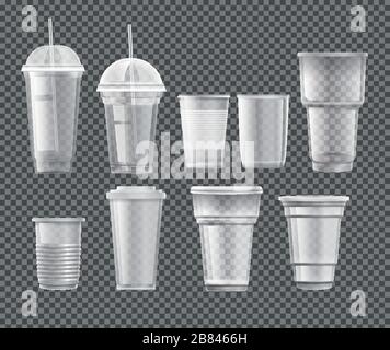 Set di diversi bicchieri di plastica da asporto su sfondo trasparente Illustrazione Vettoriale