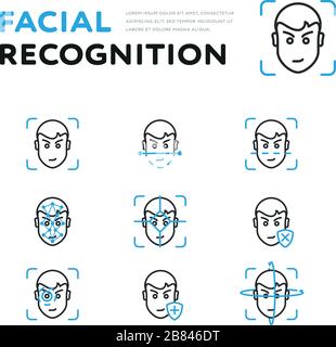 Serie di icone che mostrano scansioni del volto per il riconoscimento isolate su sfondo bianco Illustrazione Vettoriale