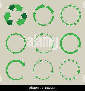 Simbolo riciclato. Set di frecce di vettori di simboli riciclati isolati. Frecce di ciclo di colore verde. Illustrazione Vettoriale