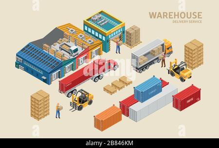 Rappresentazione vettoriale isometrica dei lavoratori che caricano autocarri con pacchi vicino ai container nel deposito del servizio di consegna Illustrazione Vettoriale